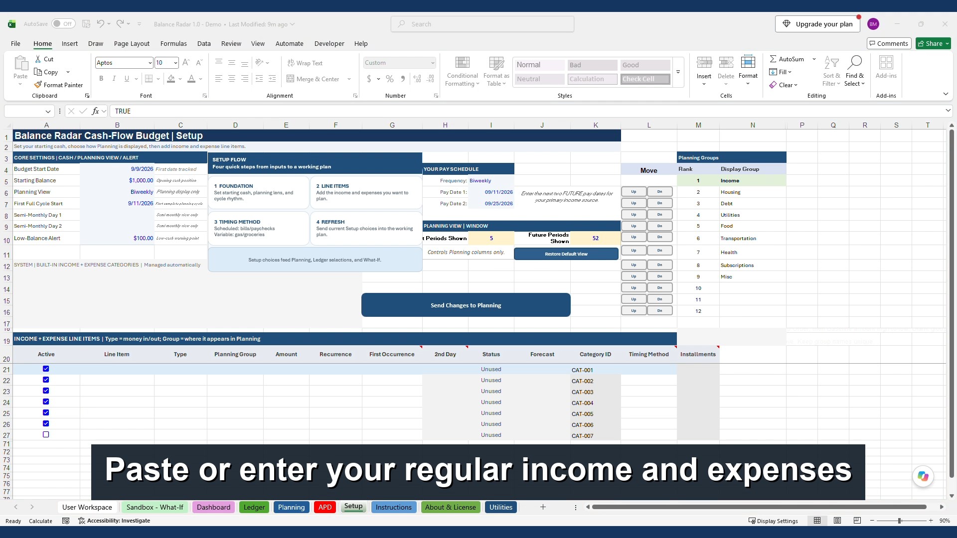 BalanceRadar Original workbook appearance, captured from the demonstration video